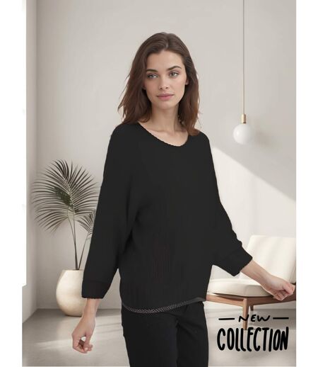 Pull femme manches 3/4 - Couleur noir - Col en pointe