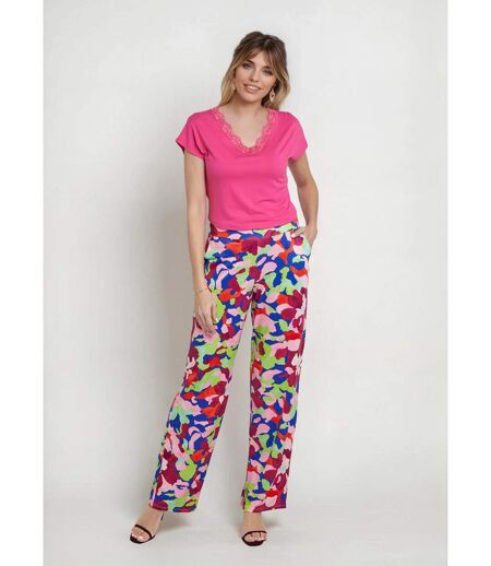 Pantalon fluide stretch, motif fleuri pop
