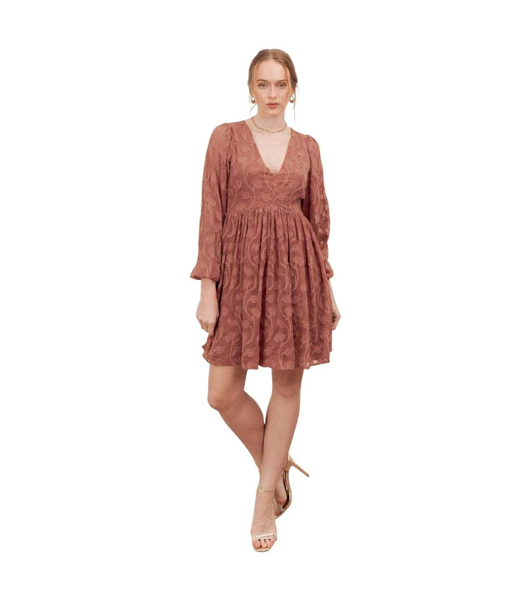 Robe Courte Manches Bouffantes Motif/style En Relief Femme Terre Cuite Lovedrobe-1