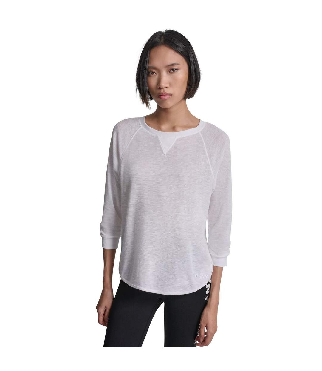 Womens/ladies Waffle Slim 3/4 Sleeve T-shirt White DKNY-1