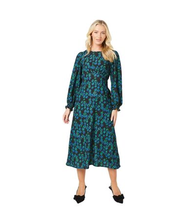 Womens/ladies leopard print shirred cuff long-sleeved midi dress black/blue/green Dorothy Perkins