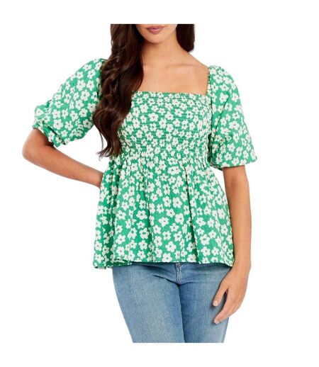 Womens/ladies Waffle Square Neck Puff Sleeve Blouse Green White Be You