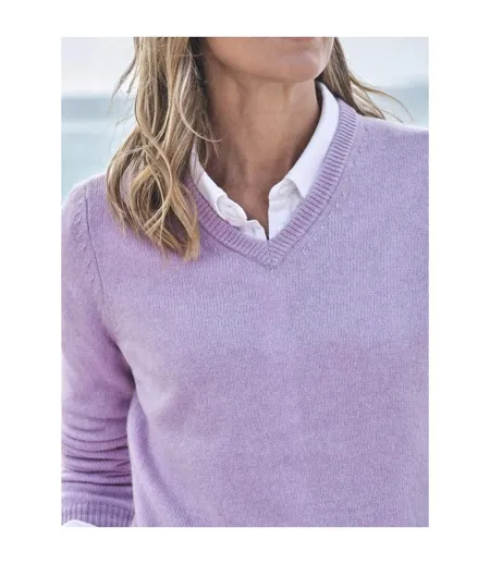 Womens/ladies Classic Lambswool V Neck Jumper Lilac WoolOvers