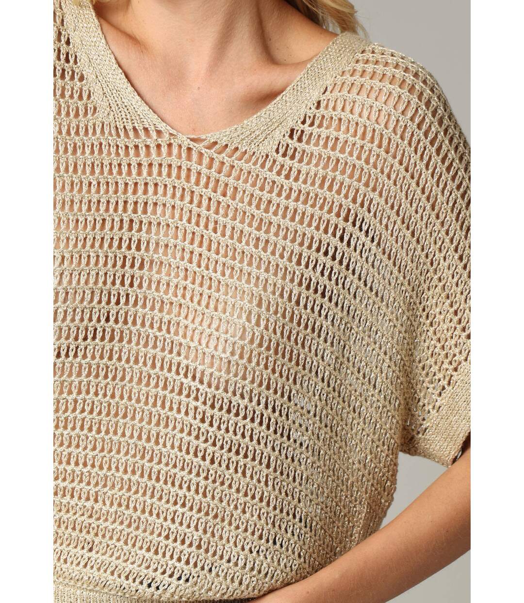 Pull ample en viscose tout en crochet lurex beige LUZIA-3