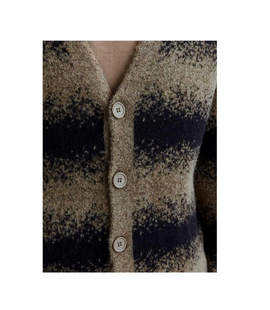 Mens Striped Chunky Knit Relaxed Fit Cardigan Greige Jack And Jones-4