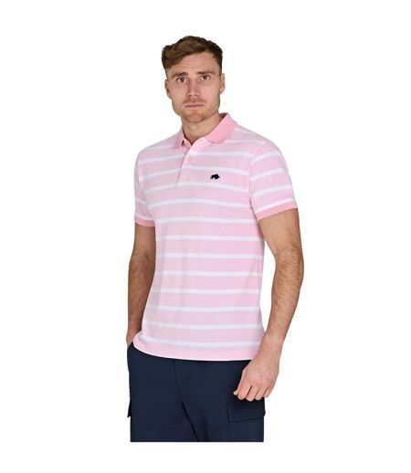 Mens Stripe Birdseye Pique Short-sleeved Polo Shirt Pink Raging Bull