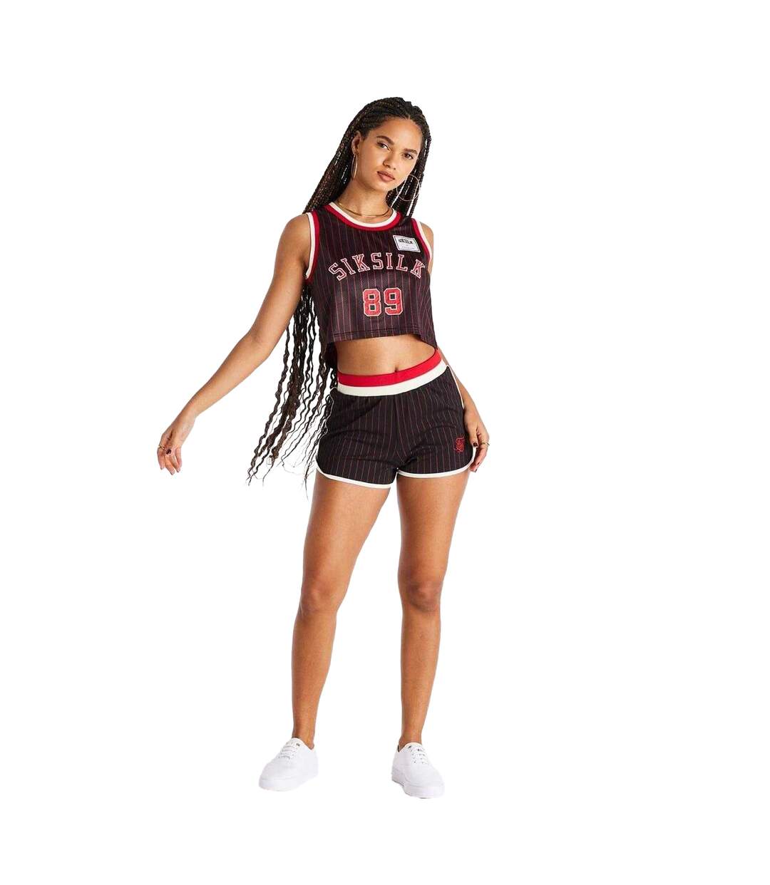 Womens/ladies Pinstripe Athletic Basketball Shorts Black Red SikSilk-1