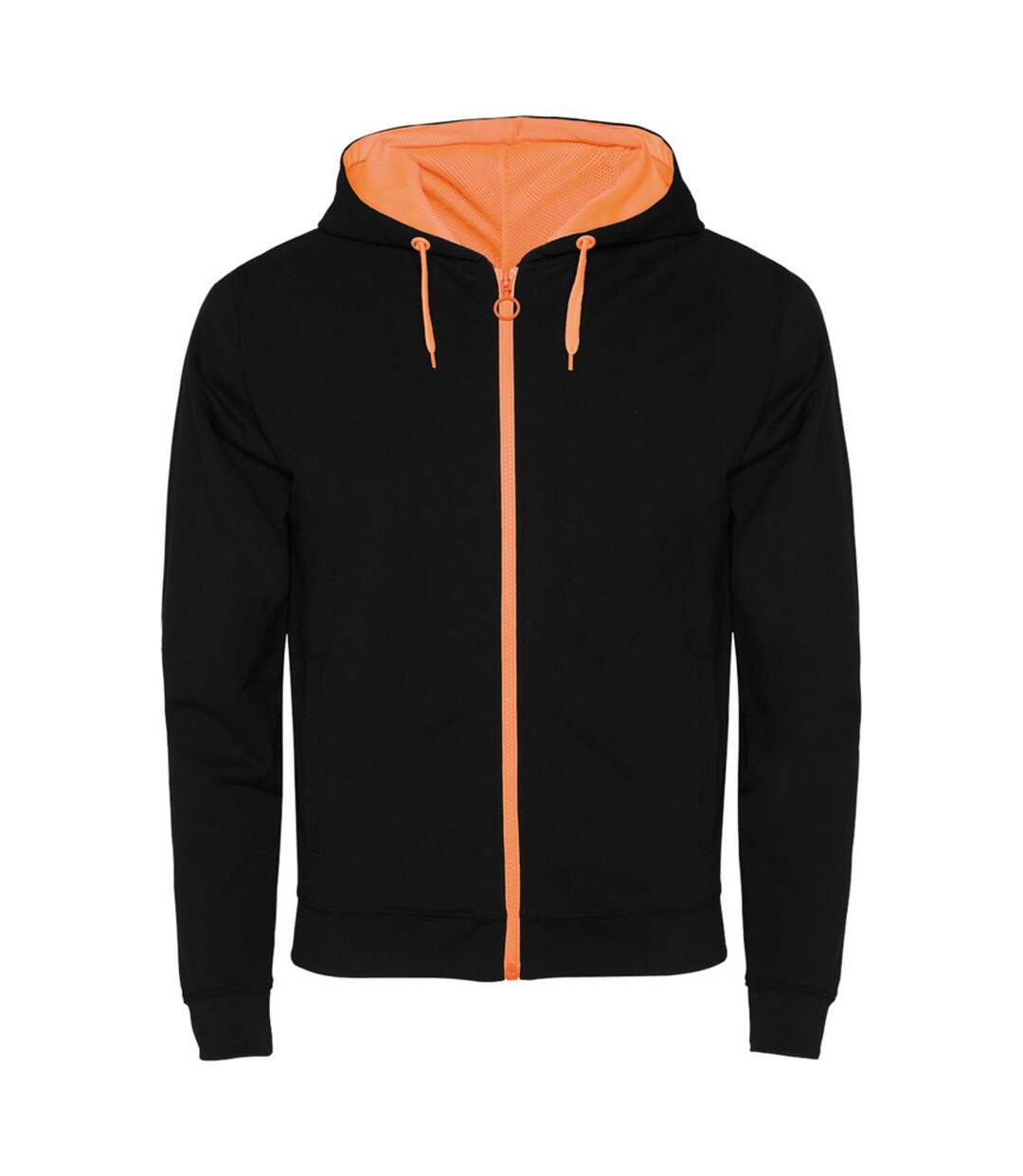 Unisex adult fuji full zip hoodie solid black/fluro orange Roly