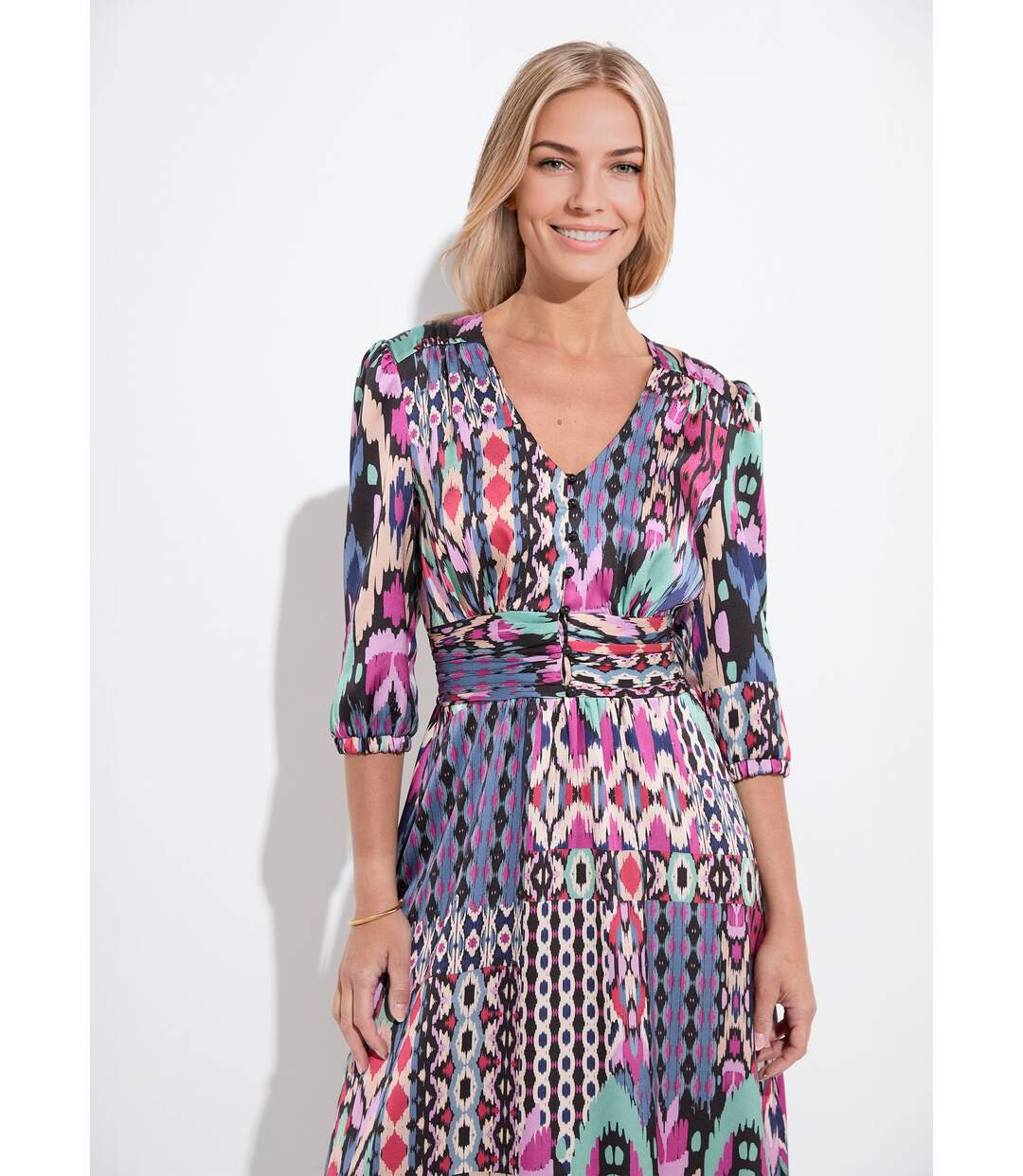 Robe longue satin imprimé ethnique manches 3/4-3