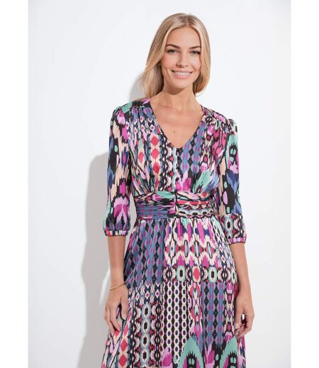 Robe longue satin imprimé ethnique manches 3/4