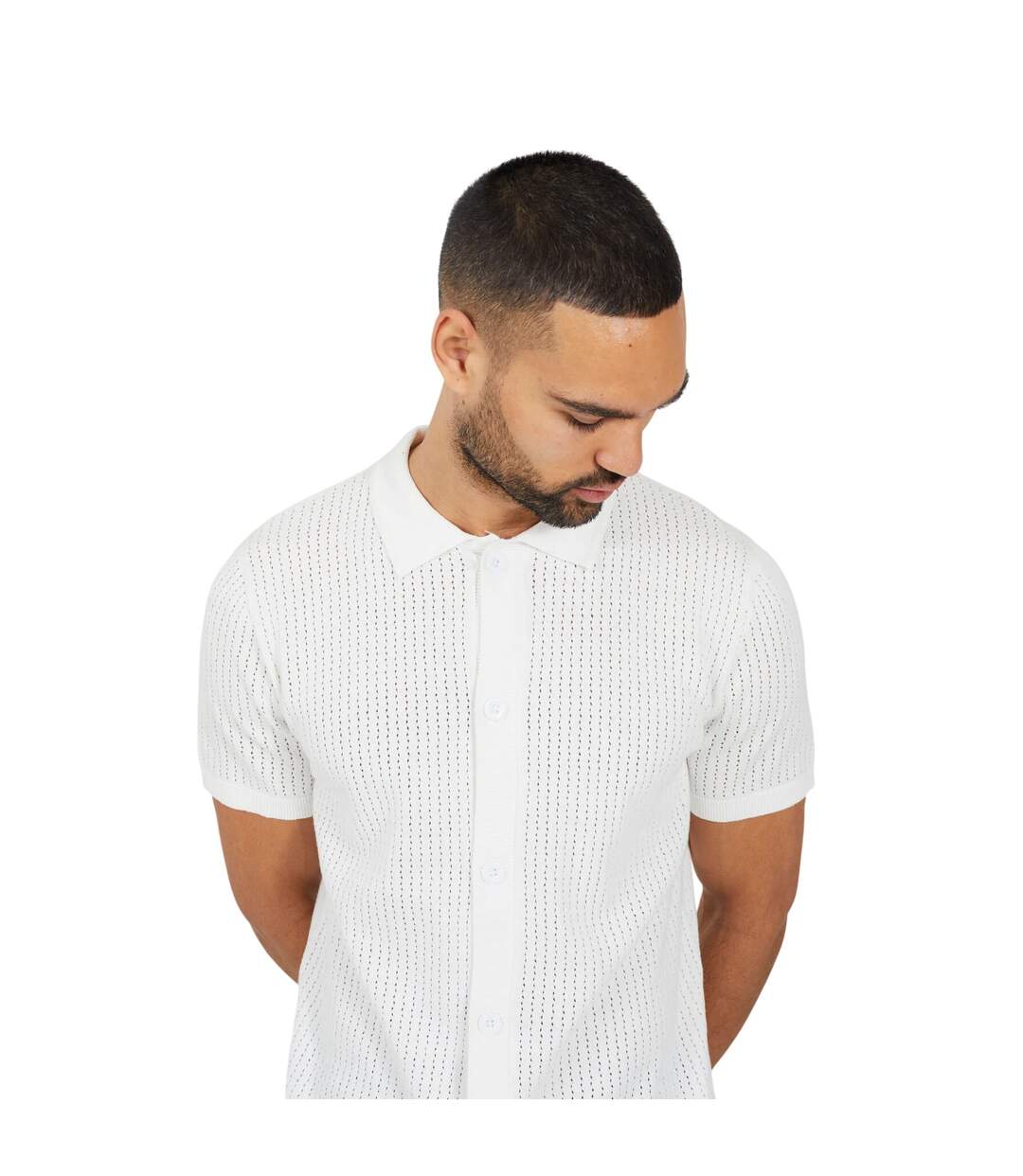 Mens Knitted Button-down Short-sleeved Polo Shirt Ecru Brave Soul-2