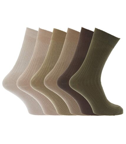 Mens 100% Cotton Ribbed Classic Socks (Pack Of 6) (Brown/Beige/Olive) - UTMB144