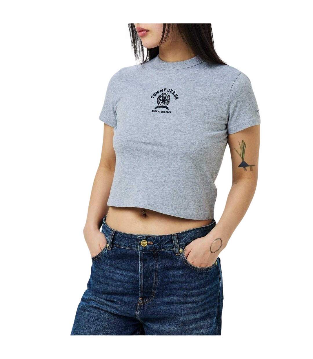 Womens/ladies Varsity Logo Regular Crop Top Grey Heather Tommy Jeans-2