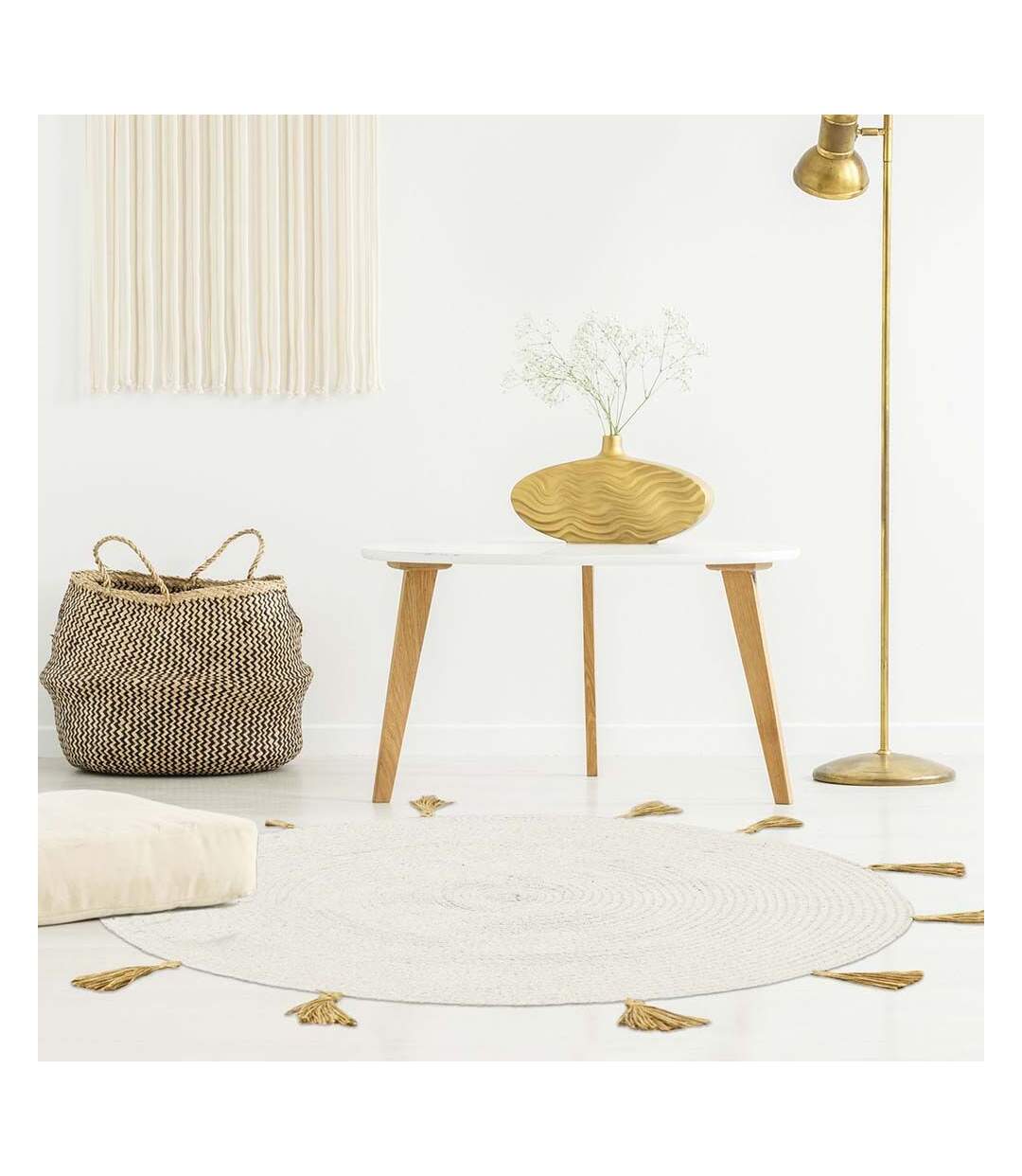 Tapis rond en coton pompons 90 cm Blanc cassé-4