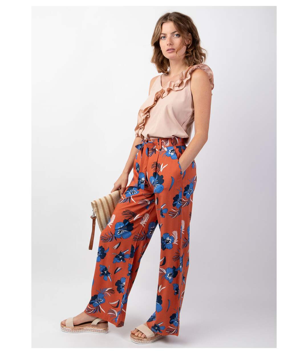 Pantalon femme taille élastique MELODY motif fleurs bleu Coton Du Monde