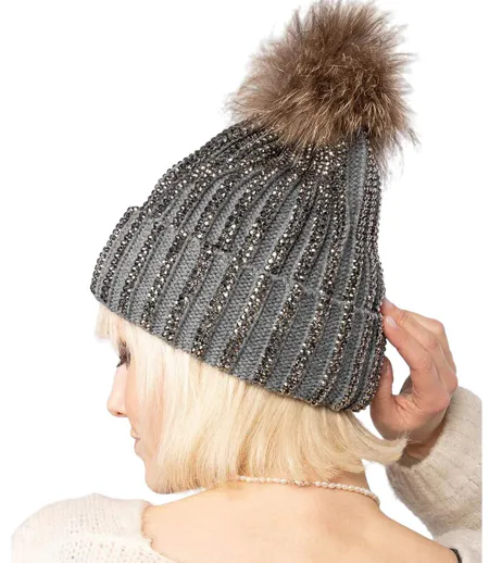 Bonnet Fashion Chic Femme avec Pompon en Fourrure et Strass - 100% Acrylique - Couleur Gris