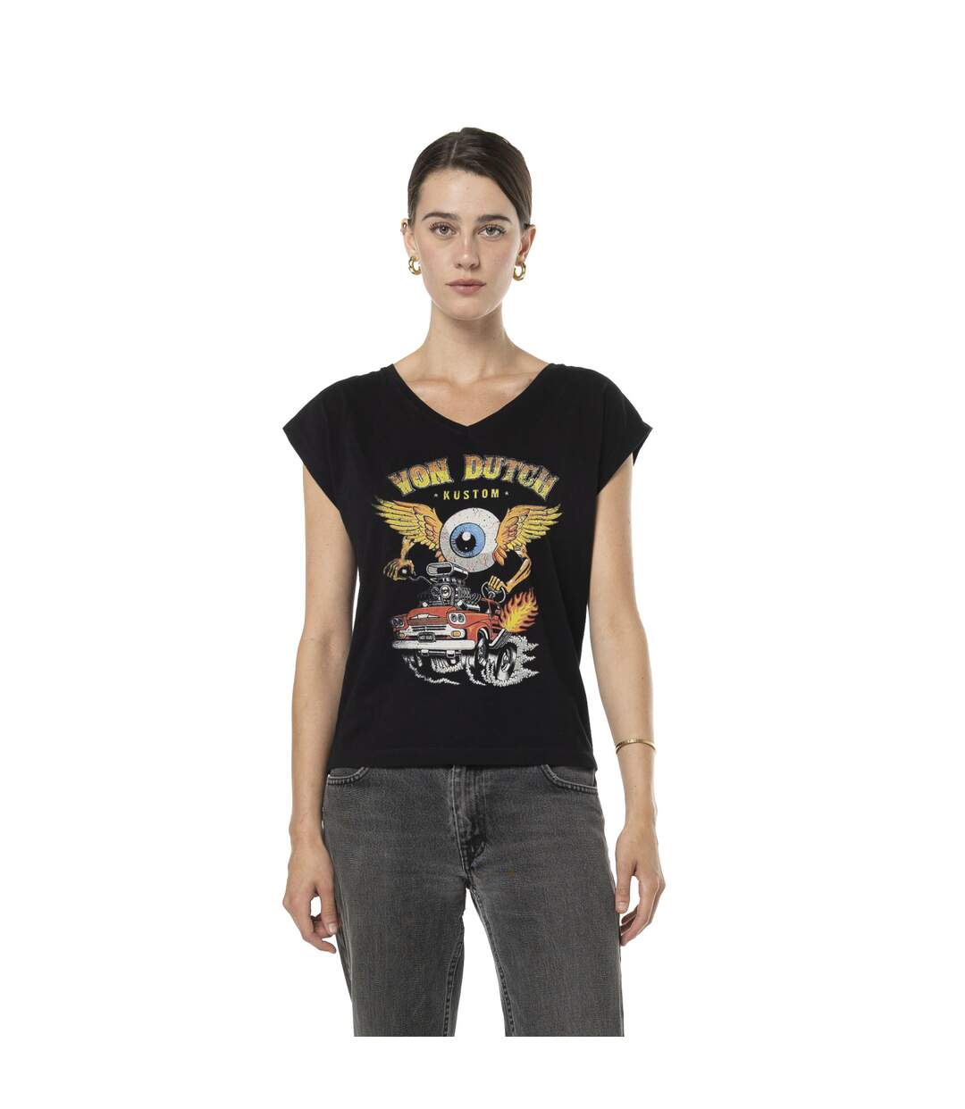 T-shirt femme uni col V avec print devant Pilote Vondutch-1