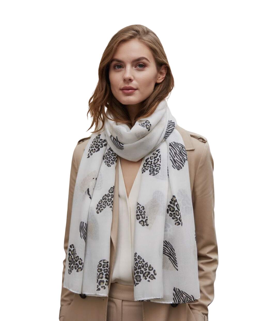 Foulard léger coeur léopard pour femme - Couleur beige-1