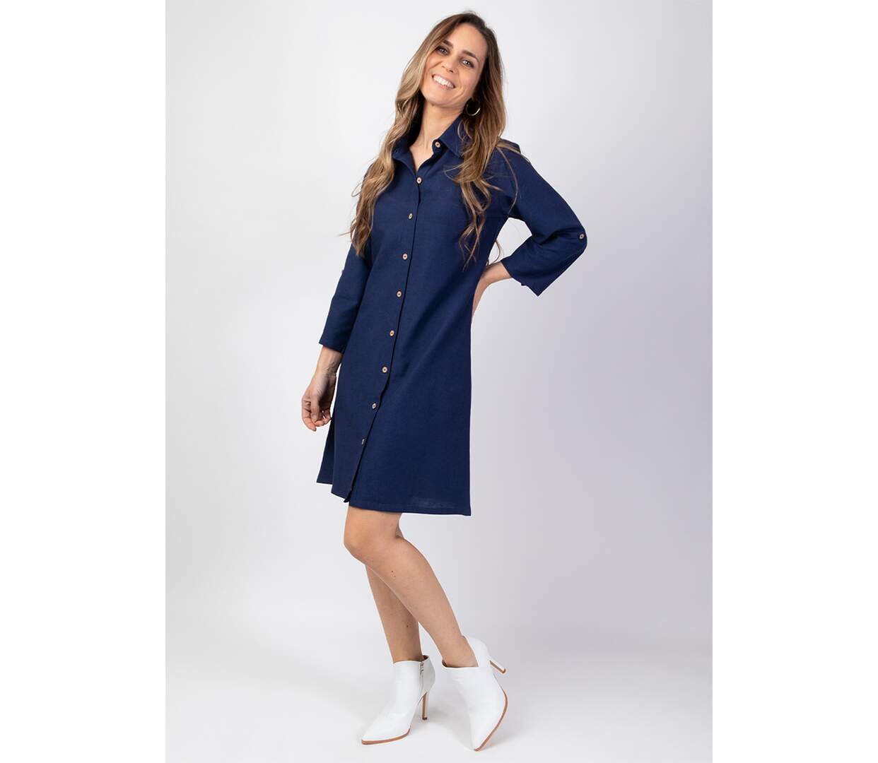 Robe chemise col tailleur CLAUDINE unie bleu marine Coton Du Monde-2