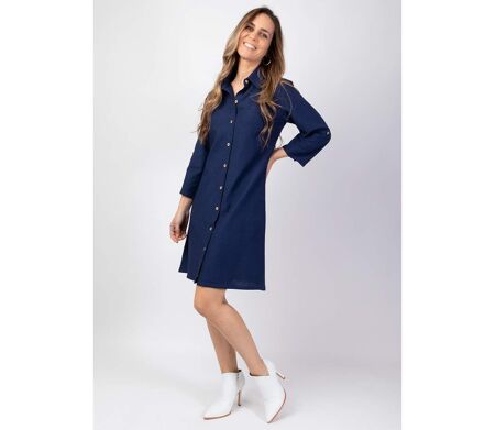 Robe chemise col tailleur CLAUDINE unie bleu marine Coton Du Monde