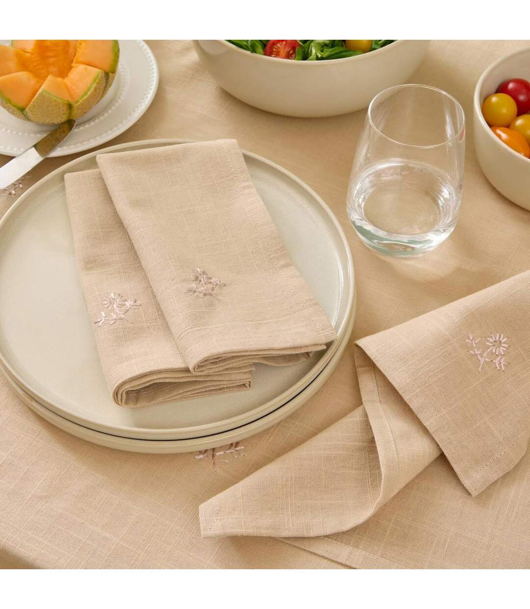 Lot de 4 Serviettes de Table Brodé Joy 40x40cm Beige Lin-3