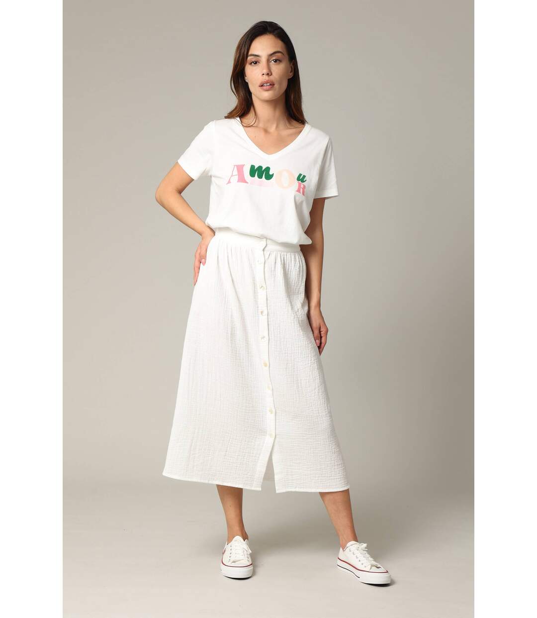 Jupe midi en gaze de coton jaune avec boutons TINLEY-1