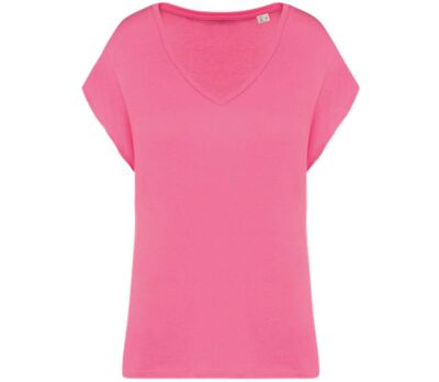 T-shirt loose à col V écoresponsable - Femme - PAT312 - rose candy