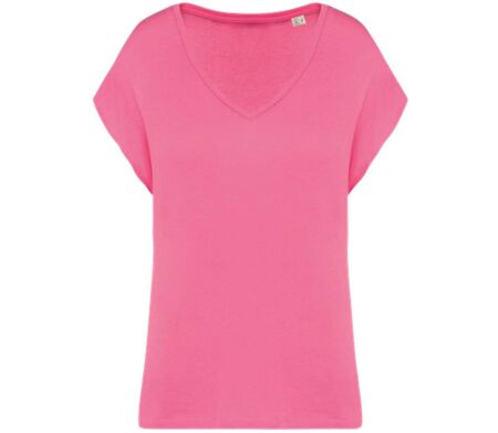 T-shirt loose à col V écoresponsable - Femme - PAT312 - rose candy