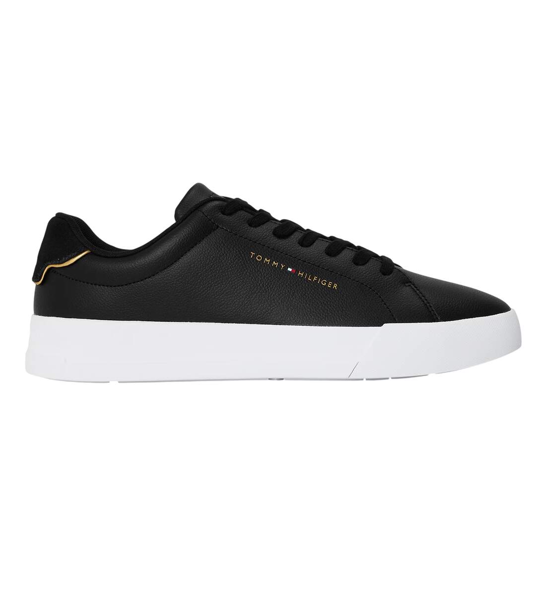 Mens Pebble Grain Court Leather Trainers Black Gold Tommy Hilfiger-1