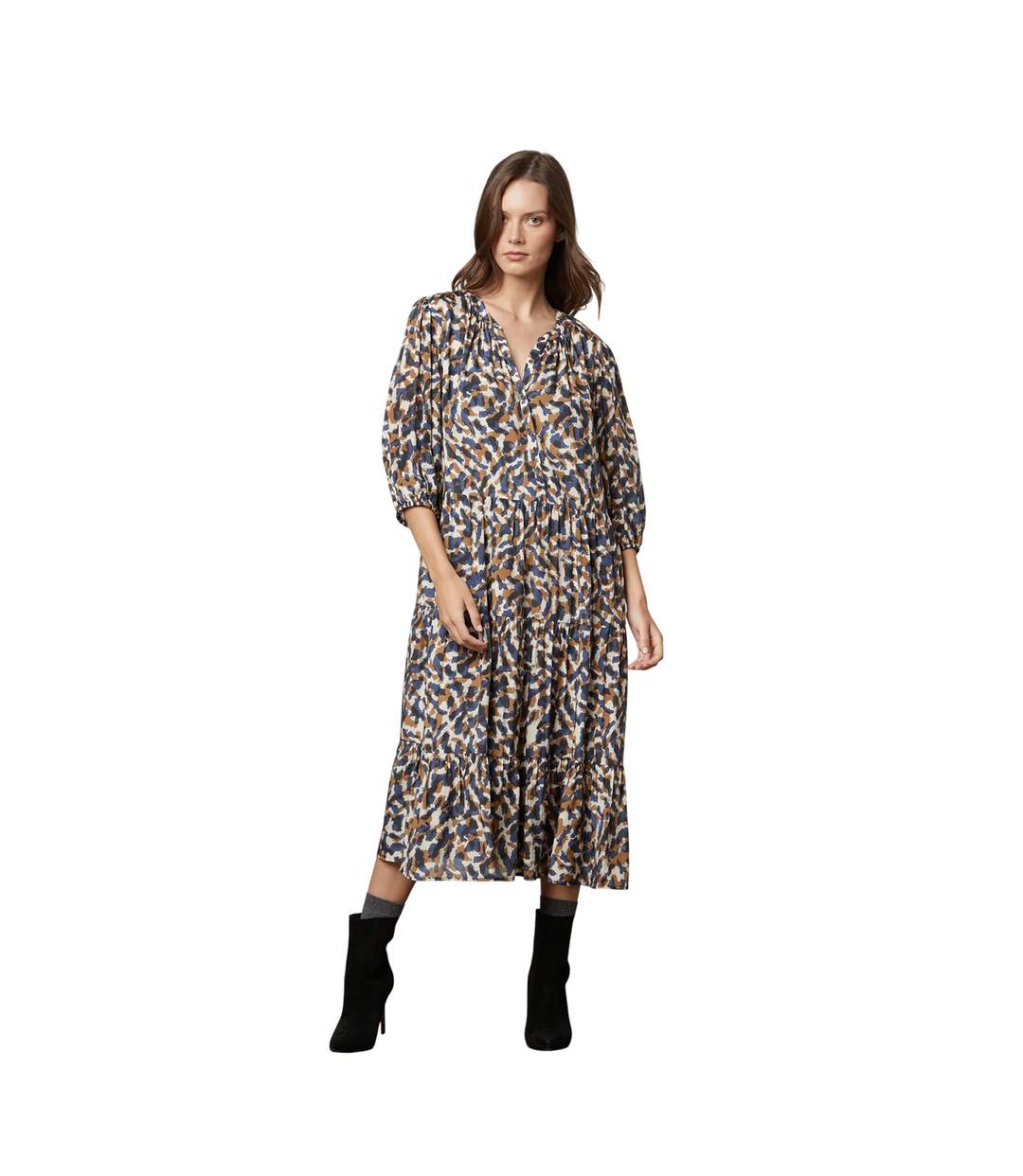 Womens/ladies Abstract V Neck 3/4 Sleeve Midi Dress Sand Velvet By Graham & Spencer-1