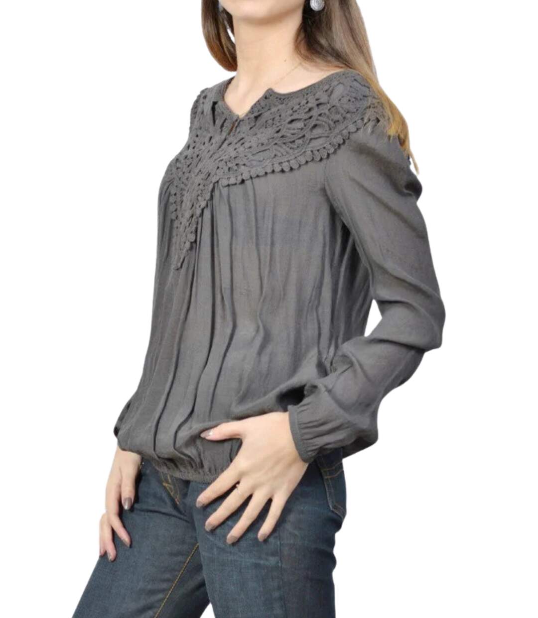 Tunique en dentelle noire à  manches longues, col tunisien - Style décontracté et chic pour toutes les saisons-3