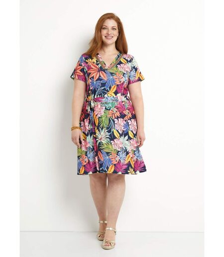 Robe col V courte évasée imprimé feuilles