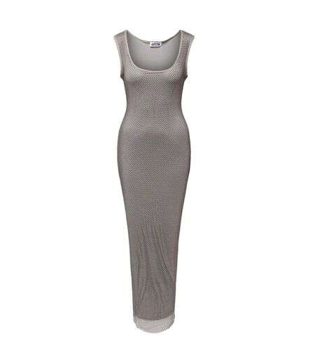 Womens/ladies Rhinestone Mesh Scoop Neck Slim Maxi Dress Silver AmyLynn