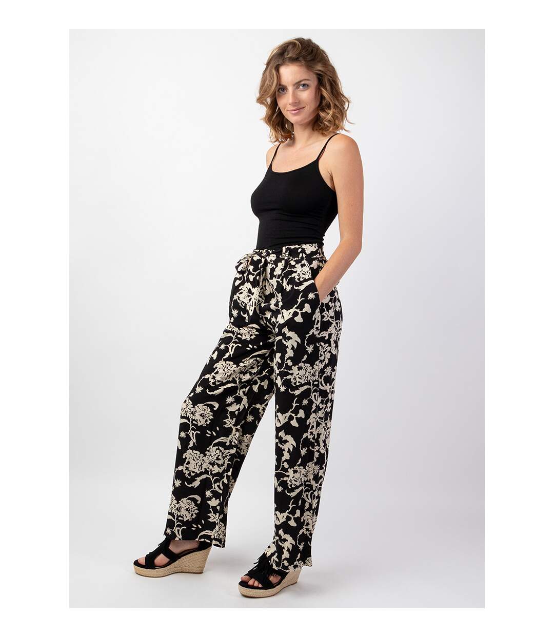 Pantalon fluide femme été MELODY noir motif ethnique Coton Du Monde-4