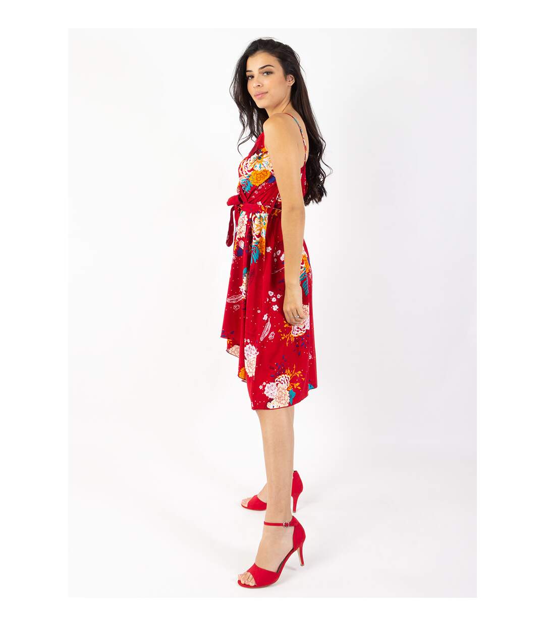 Robe courte chic fines bretelles cache cœur TESSA fleurie rouge Coton Du Monde