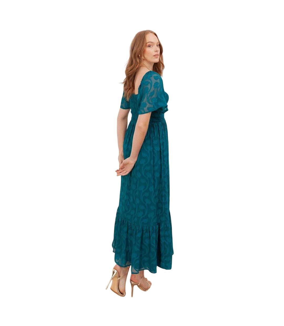 Robe Mi-longue Manches Style Ange Motif/style Floral En Relief Femme Vert Sarcelle Lovedrobe-2