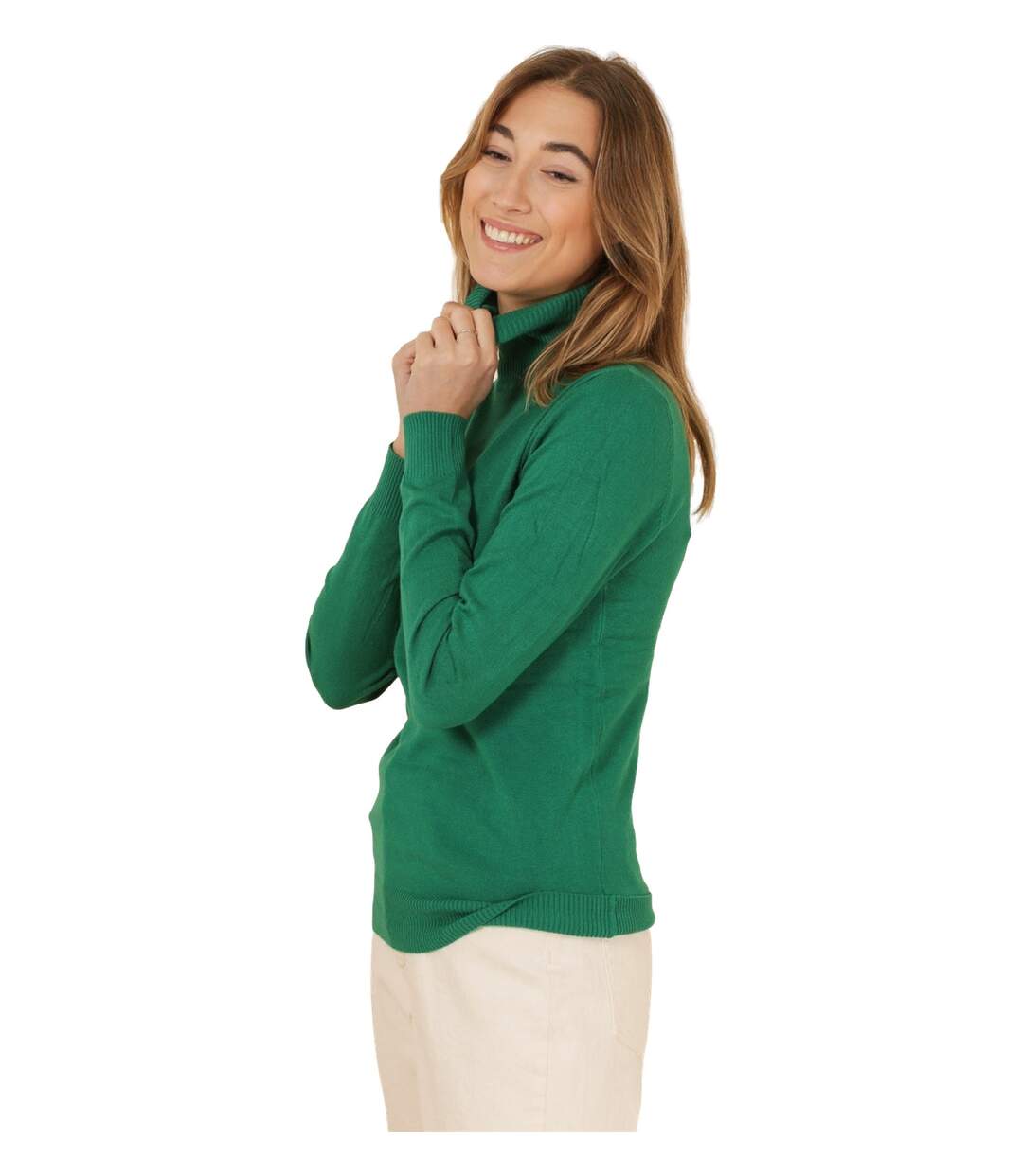 Pull femme manches longues col roulé couleur vert.-2