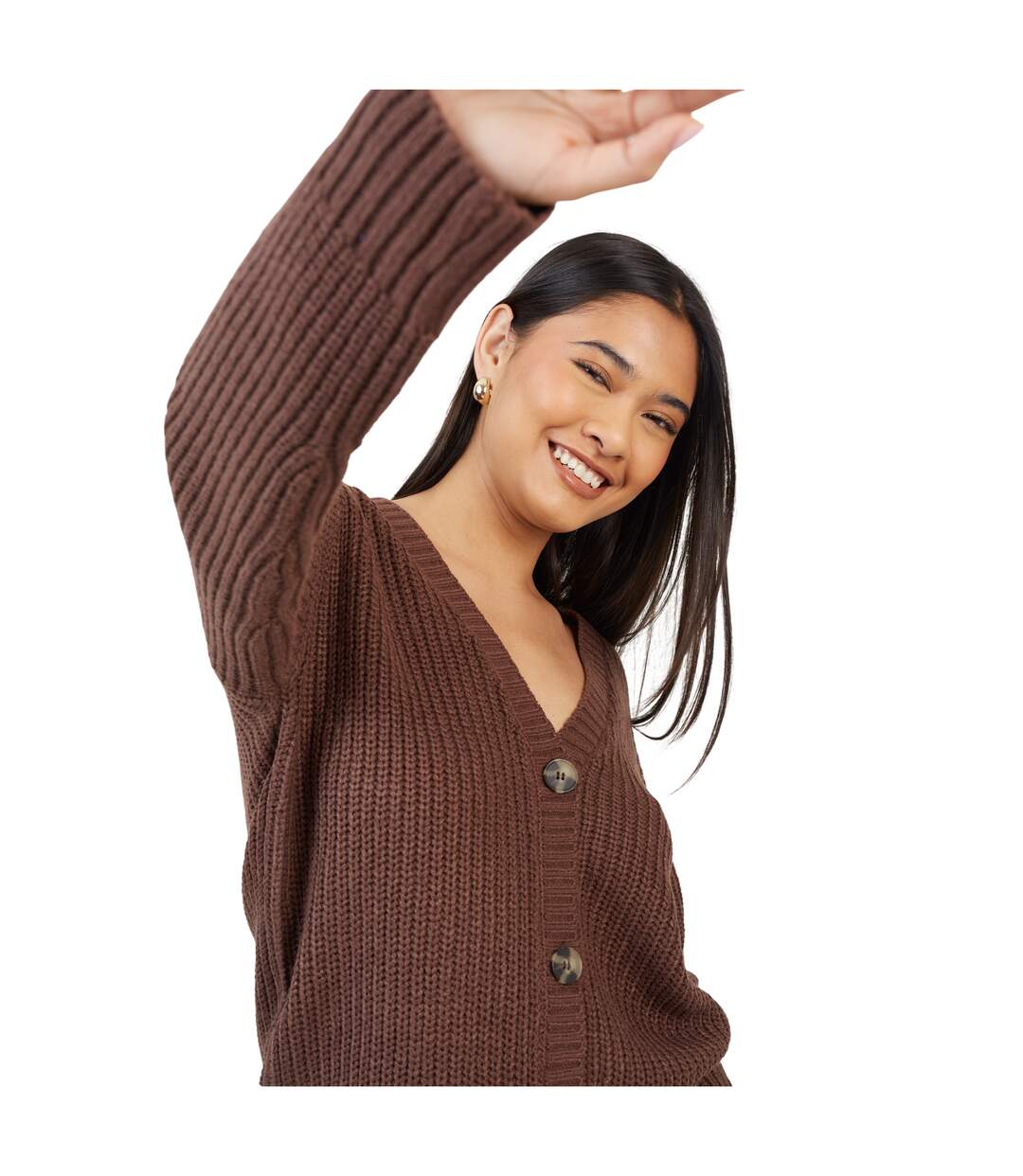 Womens/ladies Fisherman Ribbed Cardigan Brown Brave Soul-4