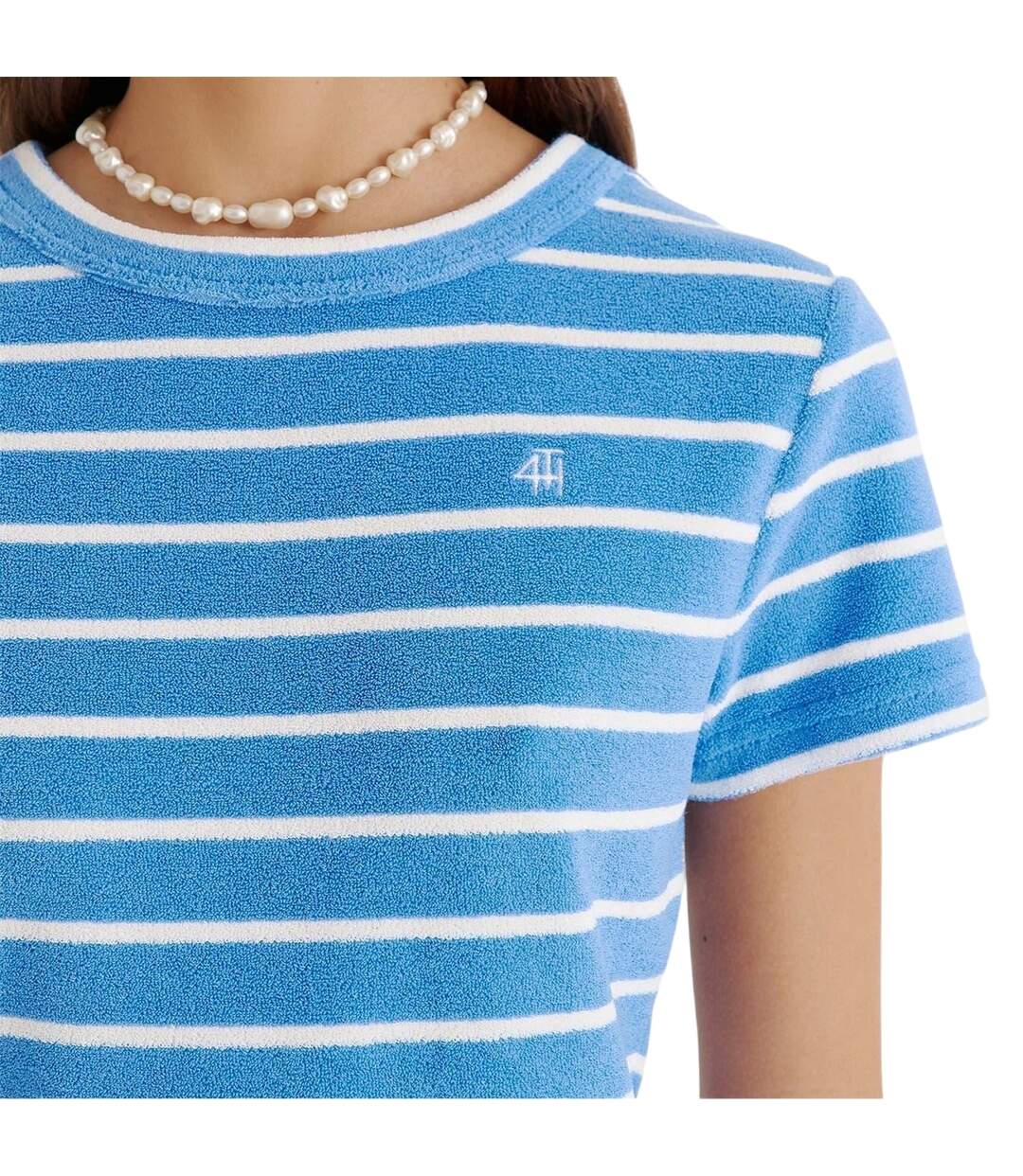 Womens/ladies Livia Striped Terrycloth Crew Neck Crop T-shirt Blue White 4th & Reckless-4