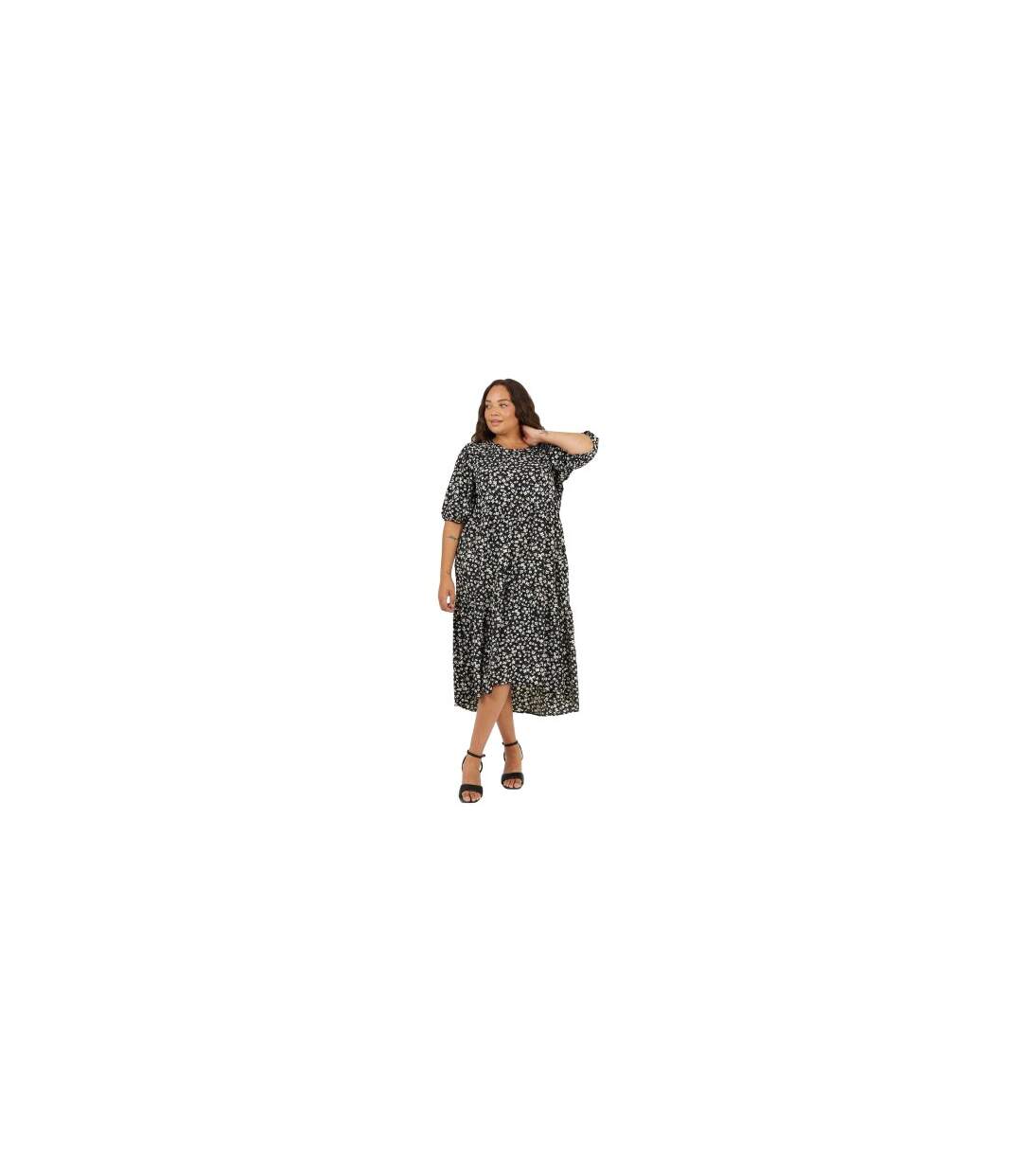 Womens/ladies Floral Plus 3/4 Sleeve Midi Dress Black Brave Soul-1