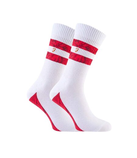 Farah - 2 Pairs Mens Cotton Ribbed White Sports Socks with Red Blue Yellow Stripes