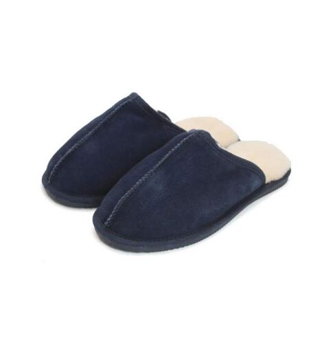 Leather unisex adults sheepskin lined mule slippers navy Eastern Counties