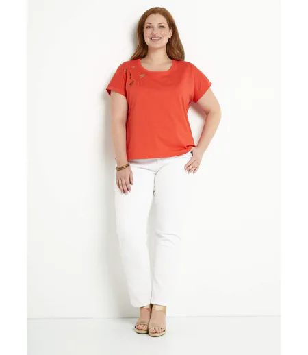 T-shirt brodé ajouré manches courtes
