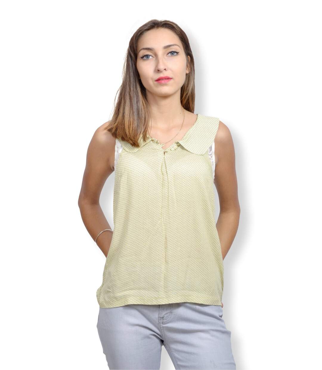 Chemise femme sans manche motifs imprimés de couleur jaune-1