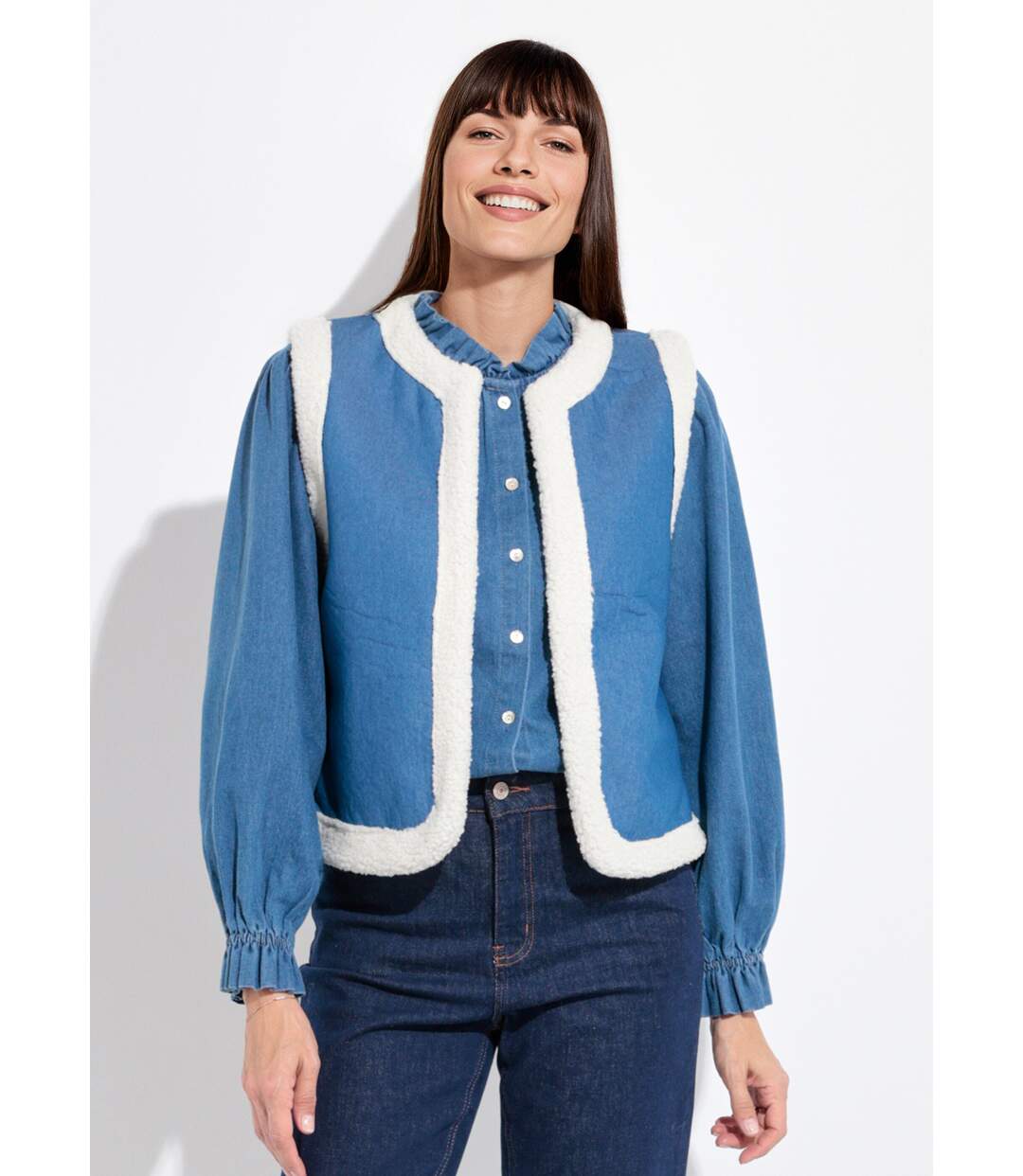 Gilet berger denim façon mouton retourné-1