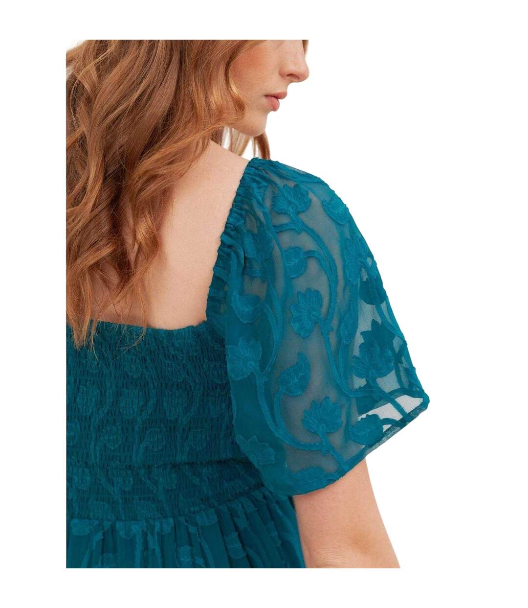Robe Mi-longue Manches Style Ange Motif/style Floral En Relief Femme Vert Sarcelle Lovedrobe-4