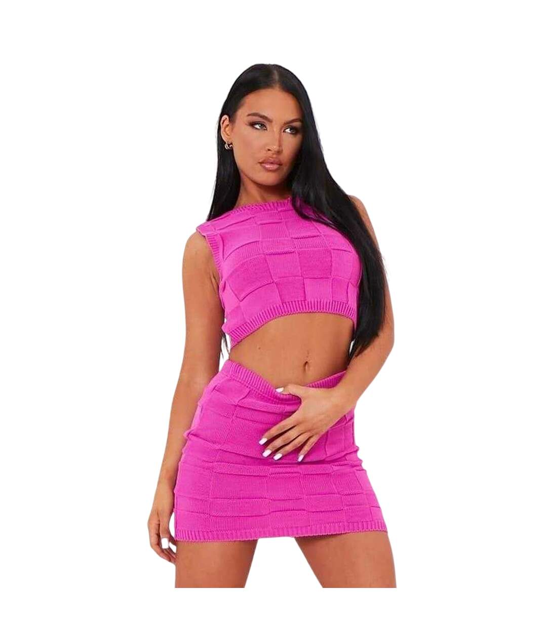 Womens/ladies Checkerboard Knitted Sleeveless Crop Top Pink Missy Empire-2
