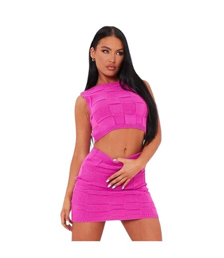 Womens/ladies Checkerboard Knitted Sleeveless Crop Top Pink Missy Empire
