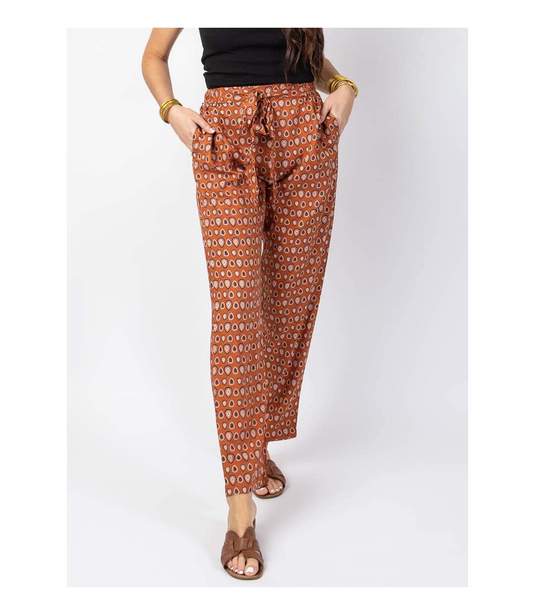 Pantalon casual CHARLY imprimé ethnique camel Coton Du Monde