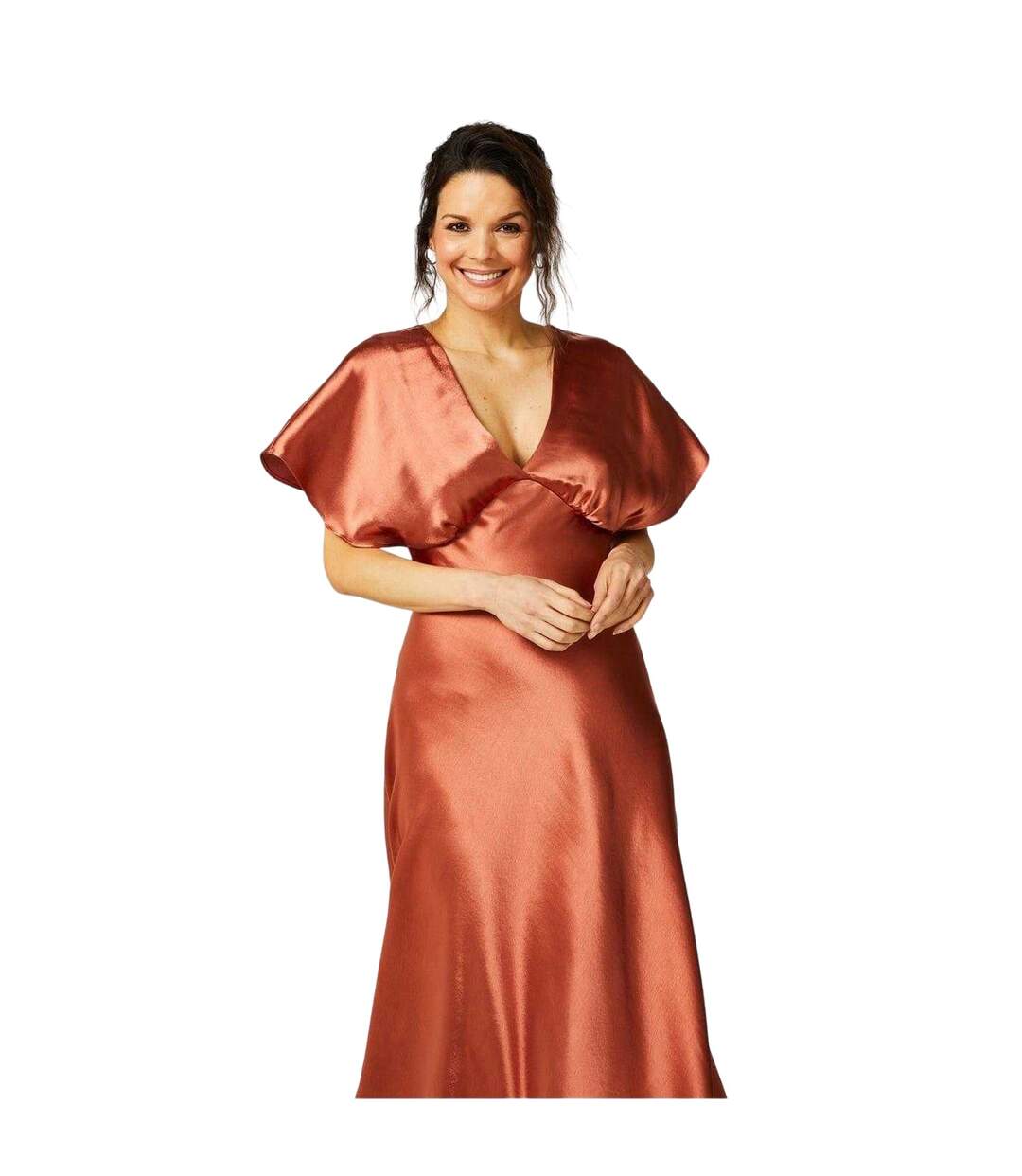 Womens/ladies Satin Fitted Angel Sleeve Maxi Dress Rust Biba-3